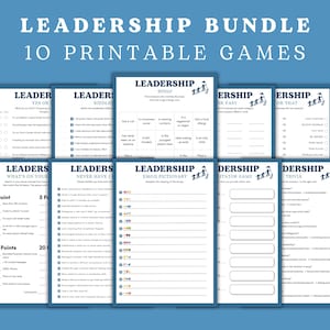 Puede incluir: Un paquete de 10 juegos imprimibles de liderazgo sobre un fondo azul. El título "LEADERSHIP BUNDLE" está en la parte superior, con "10 PRINTABLE GAMES" debajo. Cada hoja de juego tiene un fondo blanco con texto negro. Los juegos incluyen "BINGO", "Riddle" y "Trivia".