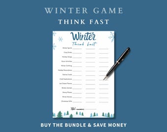 Könnte beinhalten: Ein druckbares Winter-Spielblatt mit dem Titel "Winter Think Fast". Das Blatt enthält eine Liste von winterbezogenen Kategorien wie Wintersportarten, gemütliche Getränke, Weihnachtslieder, Schneeaktivitäten, Winterkleidung, Weihnachtsdekorationen, festliche Speisen, kalte Reiseziele, Eissorten, Wintertiere, verschneite Orte, Winterfilme und Weihnachtsgeschenke. Das Blatt hat Zeilen, auf denen die Spieler ihre Antworten schreiben können.
