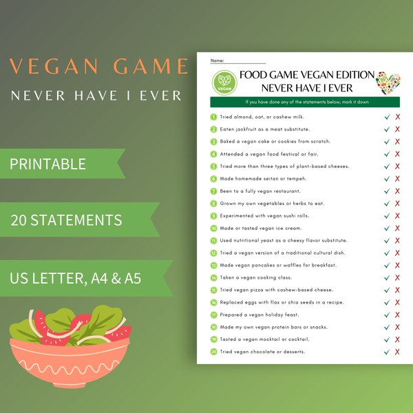 Vegan Food Never Have I Ever Game | Plant-Based Printable Trivia | Vegan Quiz Night | Family Fun | PDF Download | Vegan-Themed Statements