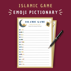 イスラムの絵文字ピクショナリーゲーム、デジタルダウンロード、印刷可能なイスラムのトリビア、家族向けゲームナイト、イスラムのギフト、印刷可能なイスラムの家族向けゲーム