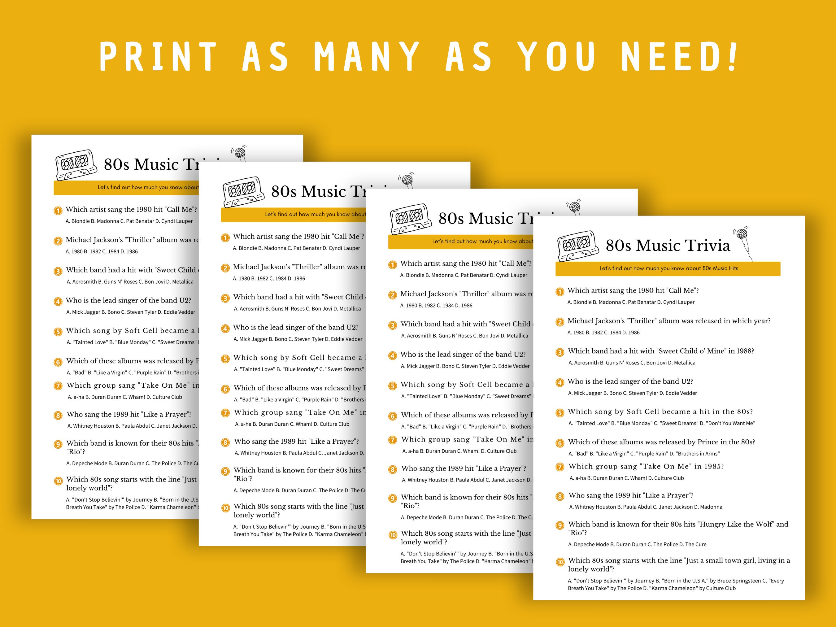 80s Music Trivia Quiz | Printable Digital Game | Retro 80s Hits ...