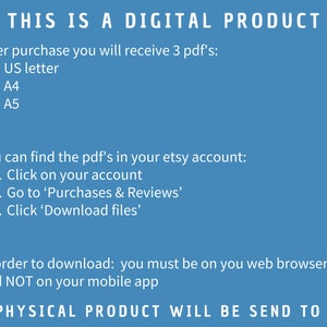 A notification that this is a Digital Product for the Office Games Bundle, specifying the inclusion of US letter, A4, and A5 sizes, and the download method, set against a blue background with white text.