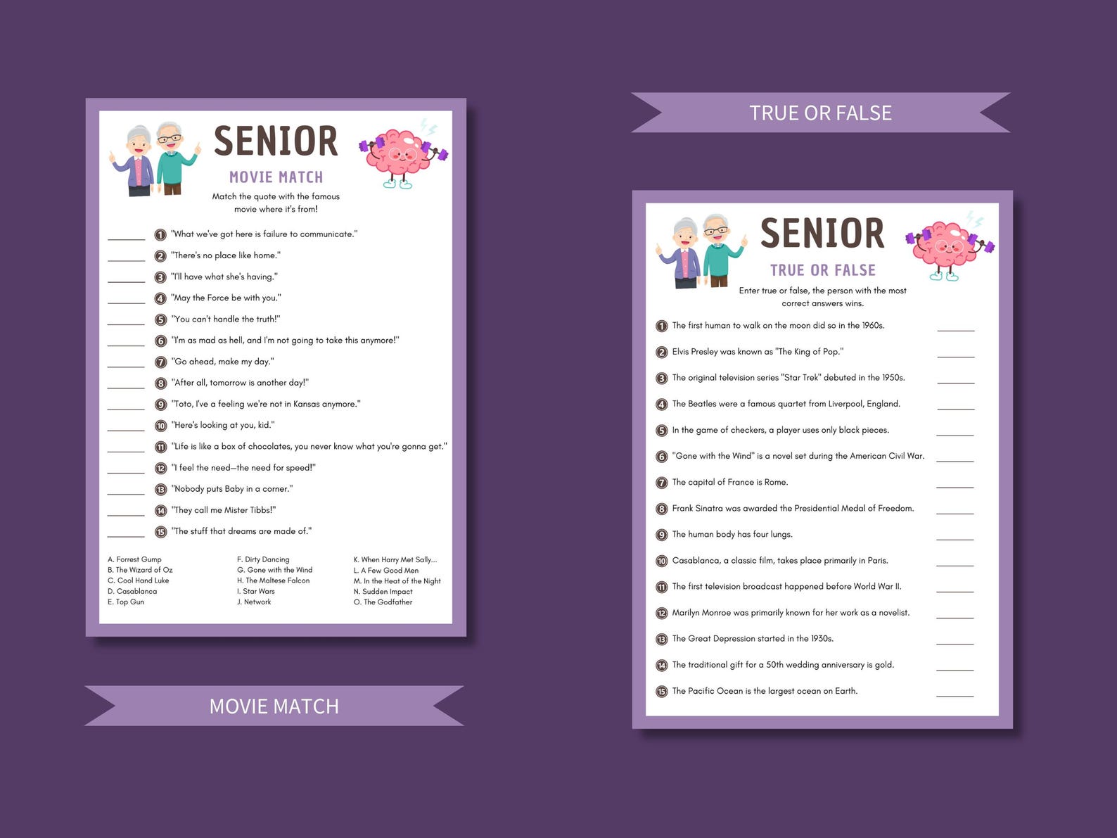 Printable Senior Games Bundle, Trivia, Song Match, Riddles (digital ...