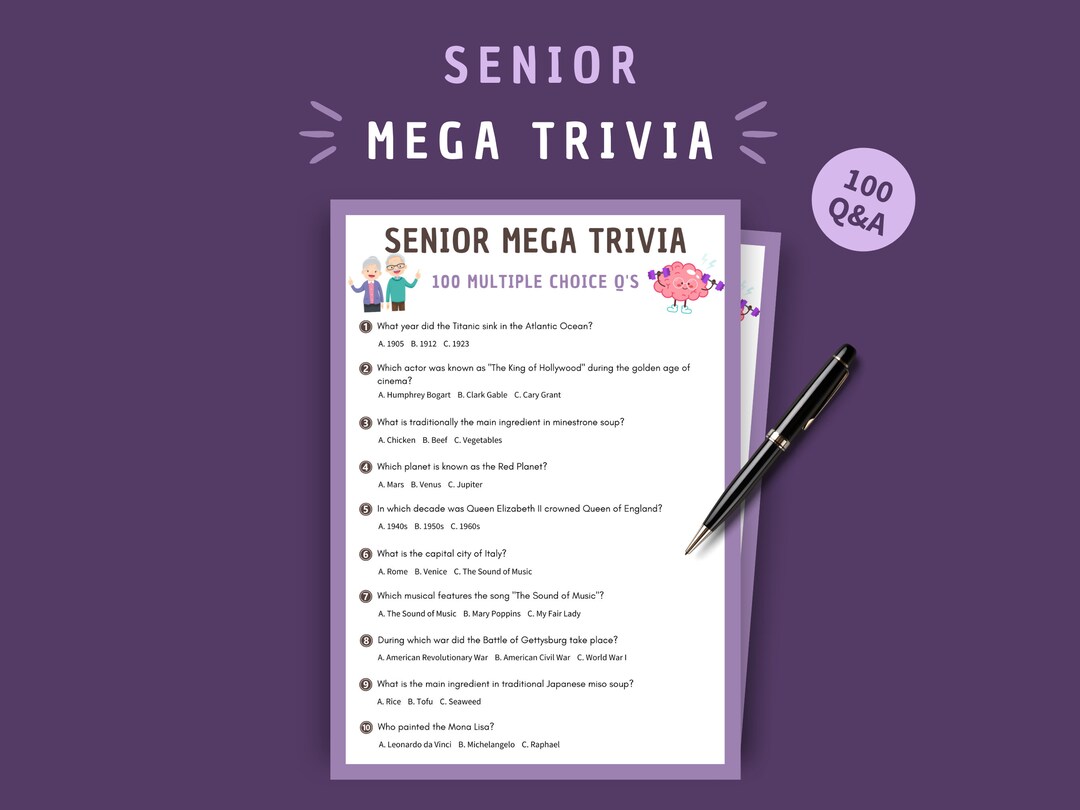 Mega Trivia for Seniors, Printable Family Game, 100 Multiple Choice ...