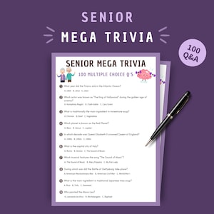 Mega Trivia para personas mayores, juego familiar imprimible, 100 preguntas de opción múltiple para personas mayores, descarga digital, juegos imprimibles para fiestas para personas mayores