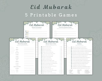 May include: Five printable Eid Mubarak games are displayed on a gray background. The games include Emoji Pictionary, Favorite Quran Verse, Word Scramble, Never Have I Ever, and Riddles. Each game has a decorative border with a floral design.