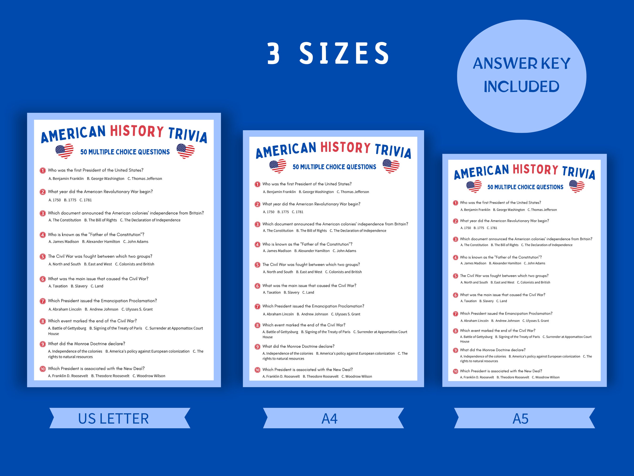 Printable American History Trivia Game | 50 Multiple Choice Questions