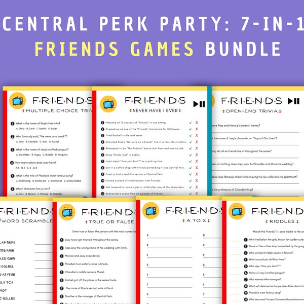 7-in-1 Friends TV-Serien-Spielepaket | Sofortiger Download druckbares Party-Bundle | Enthält einzigartige Partyspiele | Perfekt für Freunde und Familie