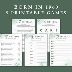 May include: Five printable game cards with a green watercolour background and the text "65th Birthday" and the game names: "Riddles", "Scattergories", "Never Have I Ever", "Word Scramble", and "Emoji Pictionary".