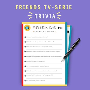 Juego de preguntas abiertas de Friends, cuestionario imprimible de programas de TV, descarga instantánea, juego de comedia de los 90 para fiestas, juegos divertidos para fans, tamaños A4/A5/carta de EE. UU.