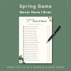 Frühling habe ich noch nie Spiel, Druckbare Frühling Party Spiel, Familien Spiele Nacht, Florale Thema Aktivität, Sofort Download, Spring Break Spiel