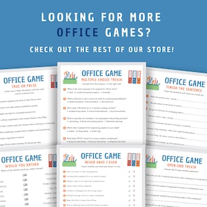 Image encouraging viewers to Check out the rest of the store for more Office Games. Featuring the games in a cohesive design with gray borders, blue titles, office icons, and orange details. True or False, Trivia, Never Have I Ever, Would You Rather.