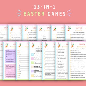 May include: A set of 13 printable Easter games with a pink, blue, and green color scheme. Each game features a cute bunny rabbit illustration and includes a variety of activities like trivia, word searches, and bingo.
