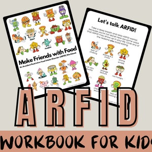 Puede incluir: Un libro de trabajo para niños con el título "Make Friends with Food" y una ilustración colorida de varios alimentos. El libro de trabajo está diseñado para ayudar a los niños con trastorno de la ingesta alimentaria restrictiva evitativa (ARFID).