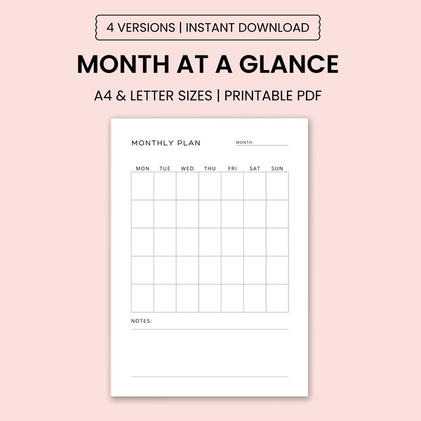 Month at a glance-Month on two pages-Undated Monthly Inserts-Monthly agenda-Productivity planner-month on 2 pages-task insert-A4/US letter