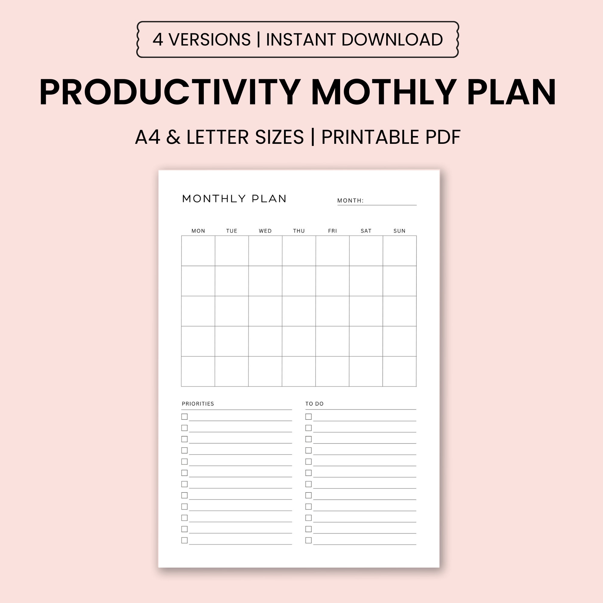 Printable Monthly Planner on Two Pages-month at a Glance-undated ...