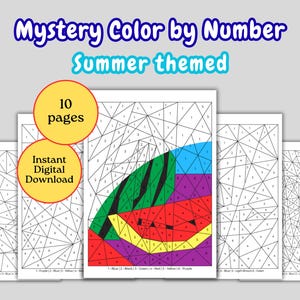 Mystery Color by Number Summer Theme Mystery Mosaic Color by Number Printable Coloring Pages for All Ages Art Therapy Stress Relief