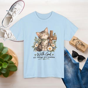 With God All Things Are Possible Cat T-Shirt | Strong, Smooth Medium-weight Fabric image 6