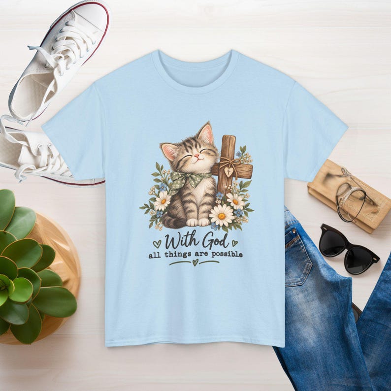 With God All Things Are Possible Cat T-Shirt | Strong, Smooth Medium-weight Fabric image 6