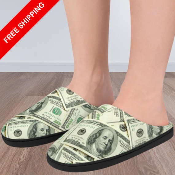 It's All About The Benjamins One Hundred Dollar Bill Money-Themed Men's Indoor Slippers - Sizes 7-14 (USA)