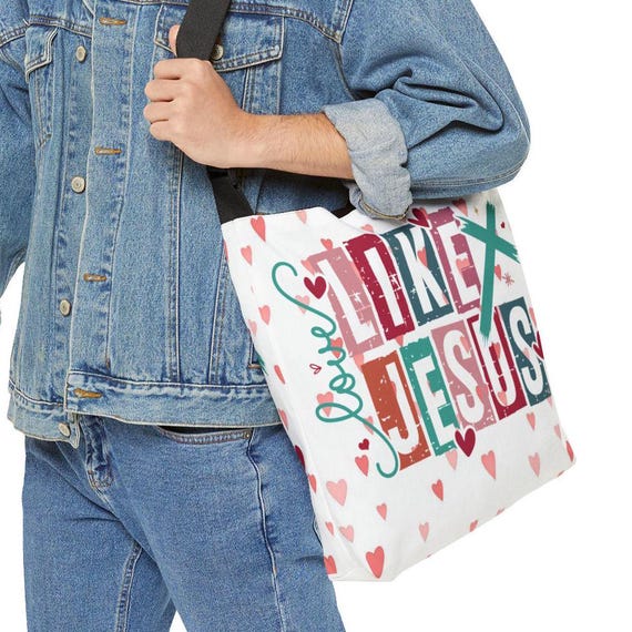 Love like Jesus Christian Gift Canvas Tote Bag, Great for Shopping, Valentines day Gift, Adjustable Tote Bag with Pocket, Religious Gift