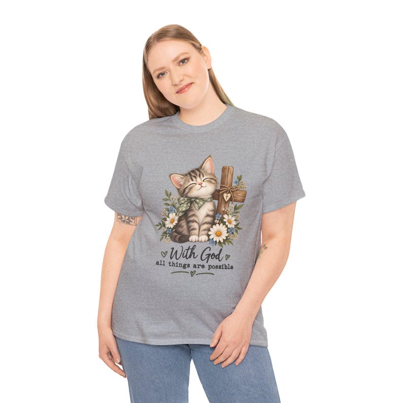 With God All Things Are Possible Cat T-Shirt | Strong, Smooth Medium-weight Fabric image 10