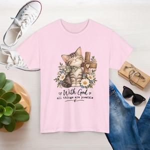 With God All Things Are Possible Cat T-Shirt | Strong, Smooth Medium-weight Fabric image 1