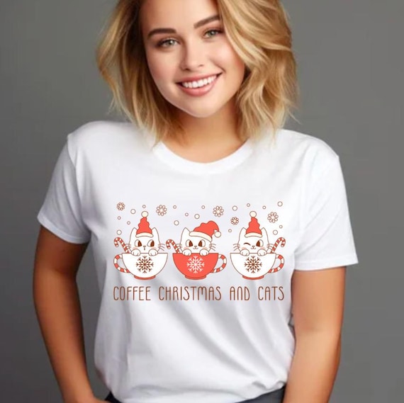 Cats and Coffee Christmas Shirt: Unisex Softstyle T-Shirt, Cute X-mas Fashion, for Cat Lovers, Christmas Party Tee, Cat Mom Gift, Holiday
