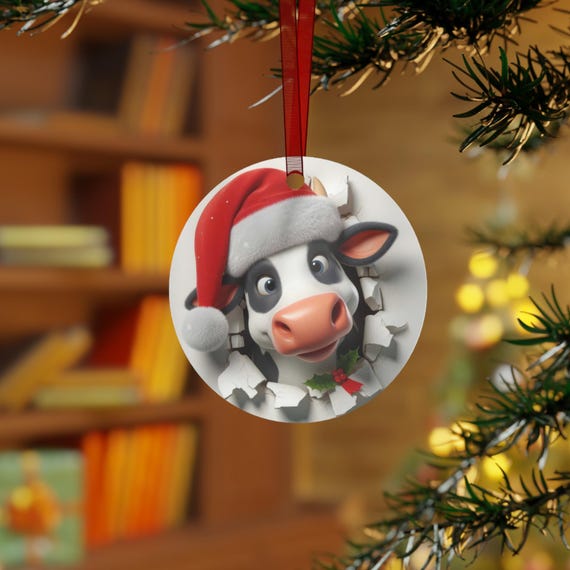 Metal Ornaments, Funny Cow Breaking Through The Wall Two Sides Cute Christmas Ornament, Unique Holiday Decor, Quirky & Perfect Festive Home
