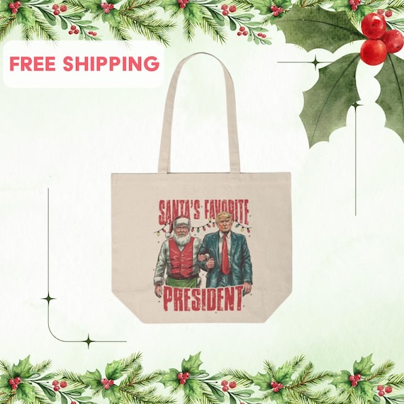 Christmas Canvas Shopping Tote Bag, Festive Gift for Holidays, Reusable Eco-Friendly Santa's Favorite President Design ,TRUMP 2024 MAGA Gift