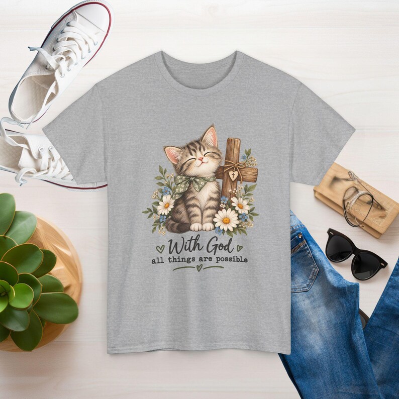 With God All Things Are Possible Cat T-Shirt | Strong, Smooth Medium-weight Fabric image 4