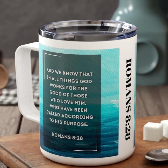 Blue Customizable | Romans 8:28 Inspirational Insulated Coffee Mug, Motivational Drinkware for Home & Office, Religious Christian Gift Cup