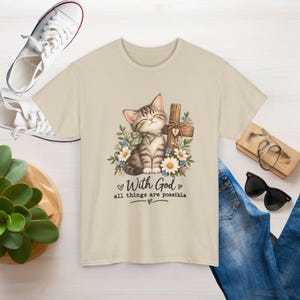 With God All Things Are Possible Cat T-Shirt | Strong, Smooth Medium-weight Fabric image 3
