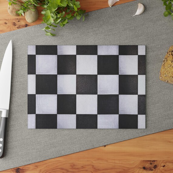 Glass Cutting Board, Black and White Checkered Pattern Design, Home Warming Gift, Wedding Gift, Gift for Her, Kitchen Decor, Housewarming