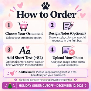 Pu&ograve; includere: Un grafico di istruzioni intitolato How to Order con un'icona a forma di zampa. Descrive quattro passaggi: scegliere un ornamento, aggiungere note di design, aggiungere un breve testo e caricare una foto. Include una nota sulla lunghezza del testo.