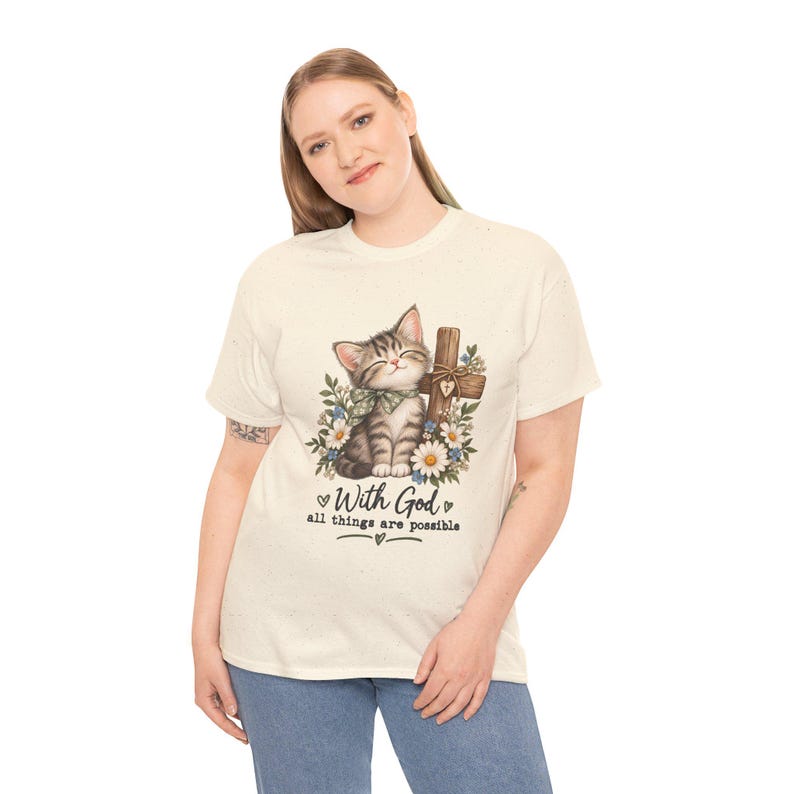 With God All Things Are Possible Cat T-Shirt | Strong, Smooth Medium-weight Fabric image 11