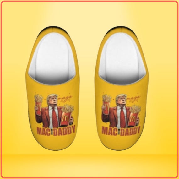 MAC Daddy Trump with Fries Men's Slippers, Cozy Holiday Footwear, Sizes 7-14, Festive Slip-ons for Men, Yellow Indoor Shoes, Trump X-masGift