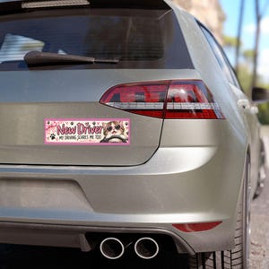 おもしろい新米ドライバー猫の車用マグネット 10 x 3 インチ、「私の運転も怖い」かわいいピンクの学生ドライバー用バンパーマグネット 画像 4