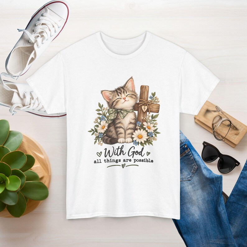 With God All Things Are Possible Cat T-Shirt | Strong, Smooth Medium-weight Fabric image 2