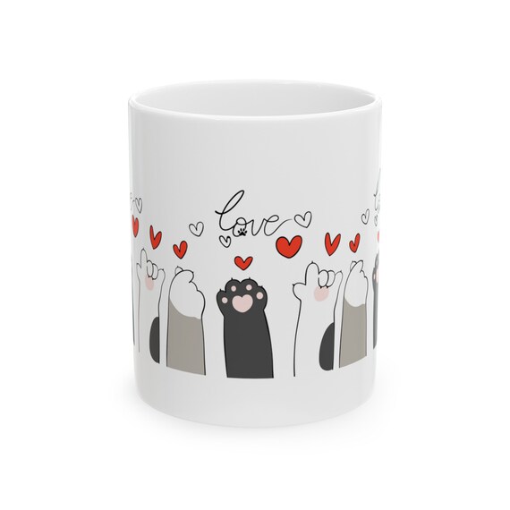 Graphic Cat Paws with Hearts and Love 11oz Coffee Mug - The Perfect Gift for Cat Lovers