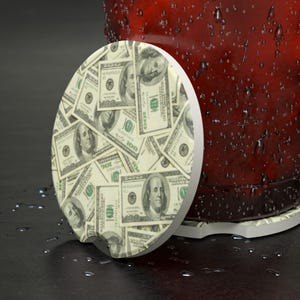 Juego de 2 posavasos para coche con temática de dinero, diseño novedoso de billete de cien dólares, regalo para amantes de los coches, insertos decorativos para portavasos, diseño único de coche.