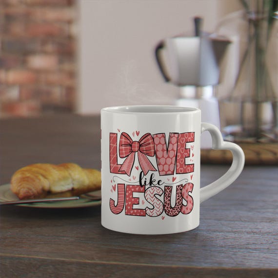 LOVE Like Jesus Heart-Shape Mug, Christian Gift, Valentines Day Ceramic Coffee Cup, Heart Handle, Christian Friends, Heart-Shaped Mug