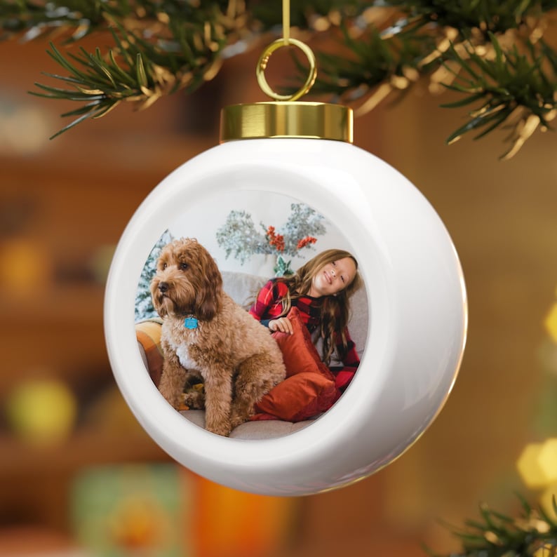 Ceramic Christmas vintage style Christmas ball ornament with a space to add your own custom picture