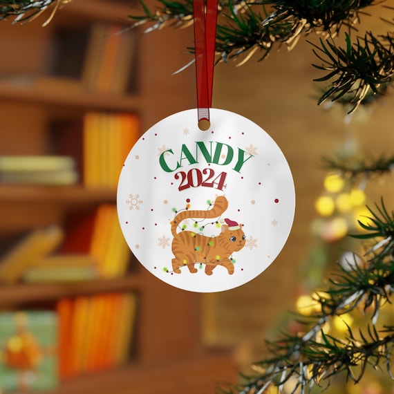 Cute Kitty Cat Christmas Personalized Double-Sided Metal Christmas Ornament for Cat Moms snd Dads | Custom Pet Name and Year