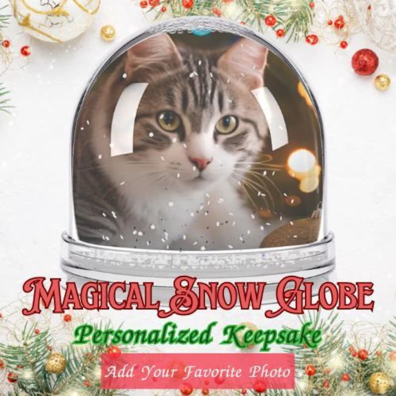 A close-up of a cat peering out of a glass snow globe, surrounded by festive holiday decorations such as Christmas ornaments and pine branches.