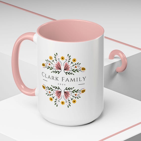 Personalize Your Sip: 15oz Floral Accent Coffee Mug with Vibrant Pink Interior & Handle, Customizable Gift Mug, Christmas Gift Mug for Her