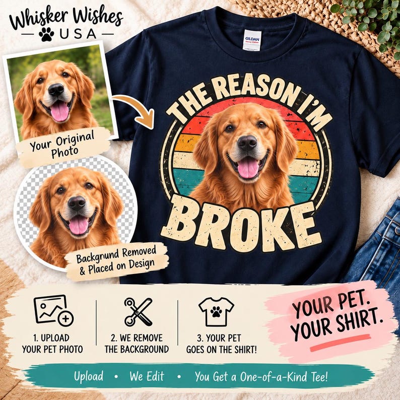 May include: A navy blue t-shirt featuring a golden retriever portrait inside a vintage-style sunset circle graphic with the text THE REASON I'M BROKE. The design includes a custom pet photo and instructions for a personalized pet apparel service.