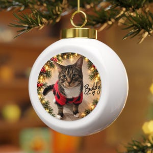 Custom Pet Photo Christmas Ornament, AI Pizzazz Design, Personalized Cat or Dog Gift, Ceramic Keepsake image 3