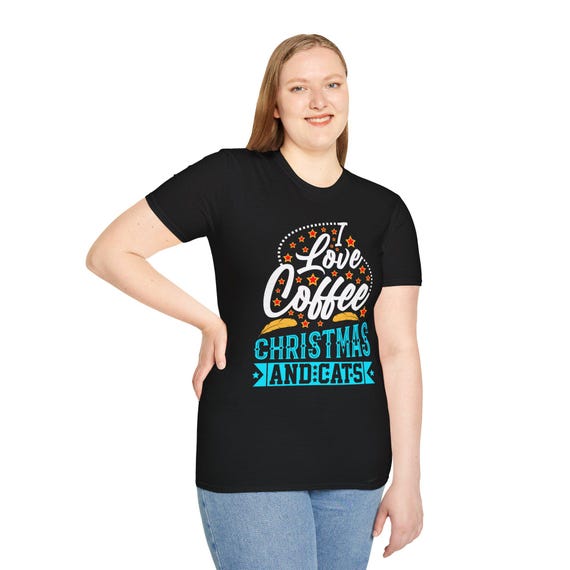Christmas Unisex Softstyle T-Shirt for Coffee and Cat Lovers, Christmas Gift Tee, Holiday Coffee Cat Shirt