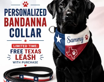 Personalized Texas Dog Bandana Collar, Custom Cat Bandana, Red White Blue Texas Flag Pet Gift + Free Leash